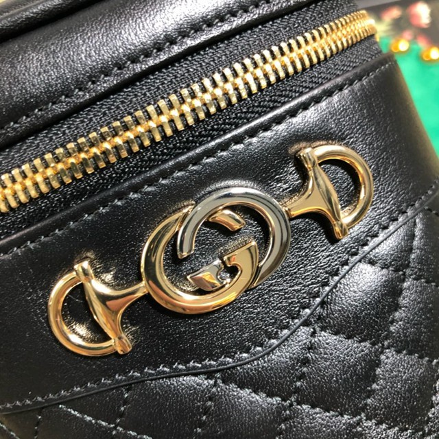 Gucci女包 572298 古馳Gucci黑色絎縫牛皮鏈條圓筒化妝包  gqy1179